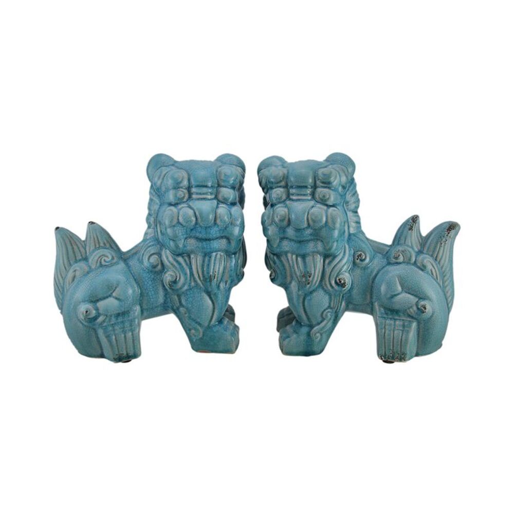 Set of 2 Blue Ceramic Vintage Finish Foo Dog Statues